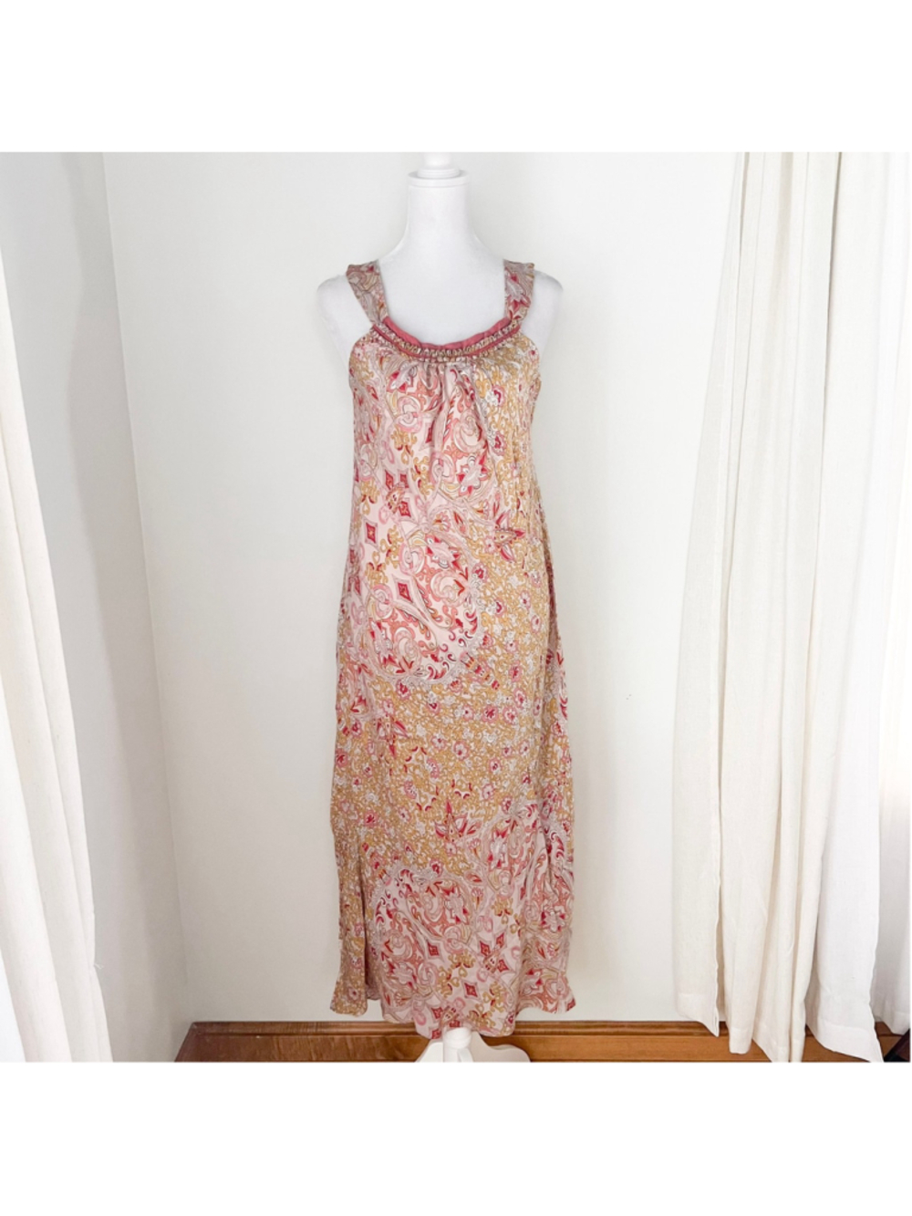 WinterSilks Nightgown Paisley Floral Pink/Yellow 100% Washable Silk M Coquette